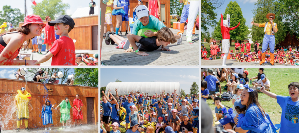 Snapshots of campers and staff participating in a mass colour wars event on the flagpole stage 