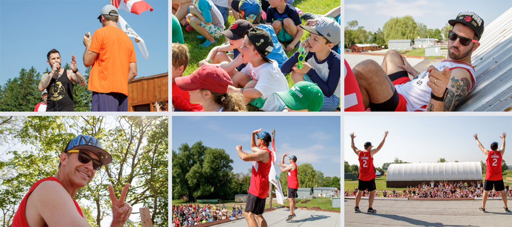 Snapshots of campers and staff dancing on flagpole as they reveal the 2019 camp dance 