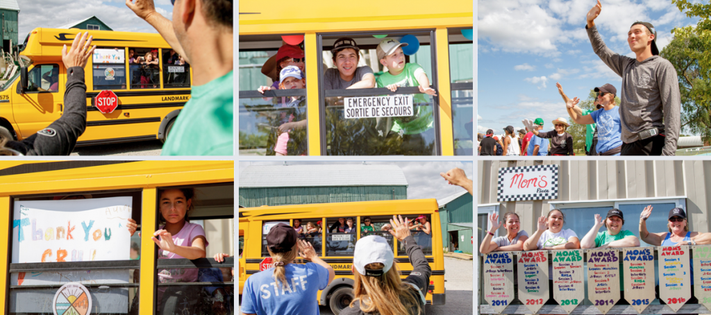 Snapshots of emotional campers on the last day of camp, waving goodbye from the buses 