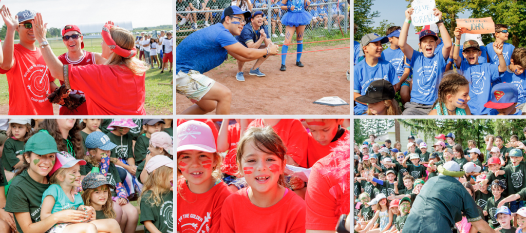 Snapshots of campers and staff participating in a mass event on the baseball diamond for the golden arrow carnival